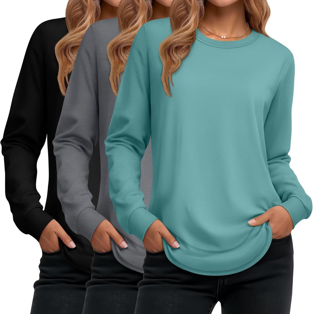 Ficerd 3 Pack Women's Long Sleeve Shirts, Cotton Crew Neck Tunic Tops Casual Loose Fit Pullover Sweatshirts Curved Hem Shirts (Large, Black, Gray, Turquoise)