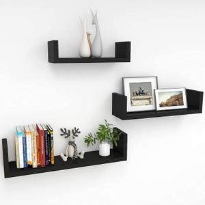 Crafts Hanging Floating Wall Mount Display U Shape Wall Shelf, Engineered Wood Wall Rack Shelf for Living Room Decoration, Showcase and for Storage (Matte Finish, Black) Set of 3
