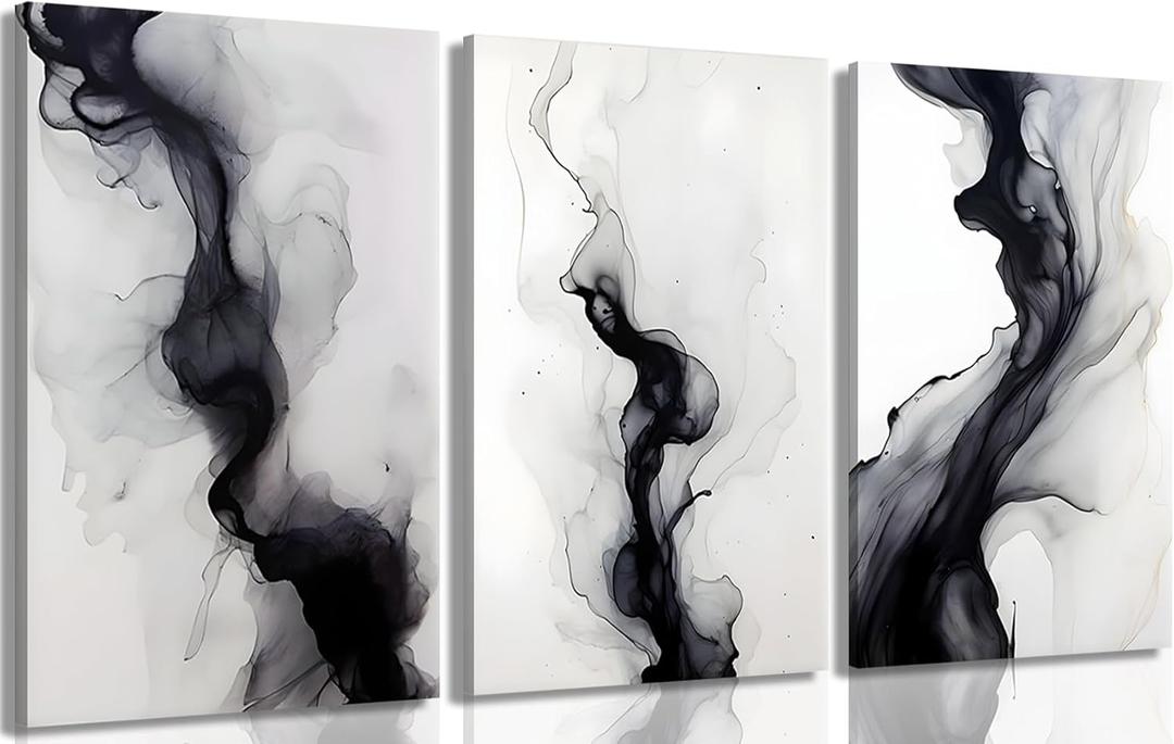 3Pcs Black And White Simple Abstract Canvas Wall Art Black and gray Minimalist Wall decor Pictures Smoke Shapes Painting Prints Modern Artwork for Home Room Bedroom office decoration ,16x24in Canvas