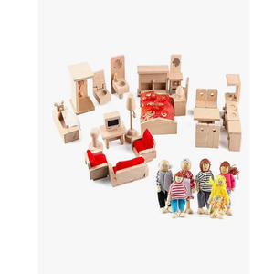 AVDAR Wooden Dollhouse Furniture and Accessories Set, 18 Pcs Miniature Doll House Furniture with Wood Dolls for Bedroom/Living Room/Dining Room Pretend Play Furniture Toys for Kids Boys Girls Age 3+