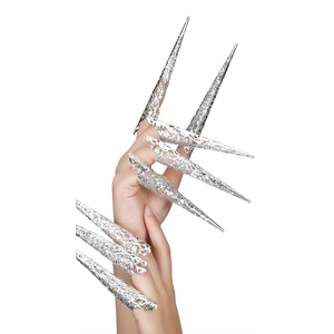 Leelosp 5 Packs Halloween Finger Nail Claw Rings Ancient Queen Fingernail Metal Finger Knuckle Claw for Halloween Women Cosplay Costume Drama Dance Show (Silver)