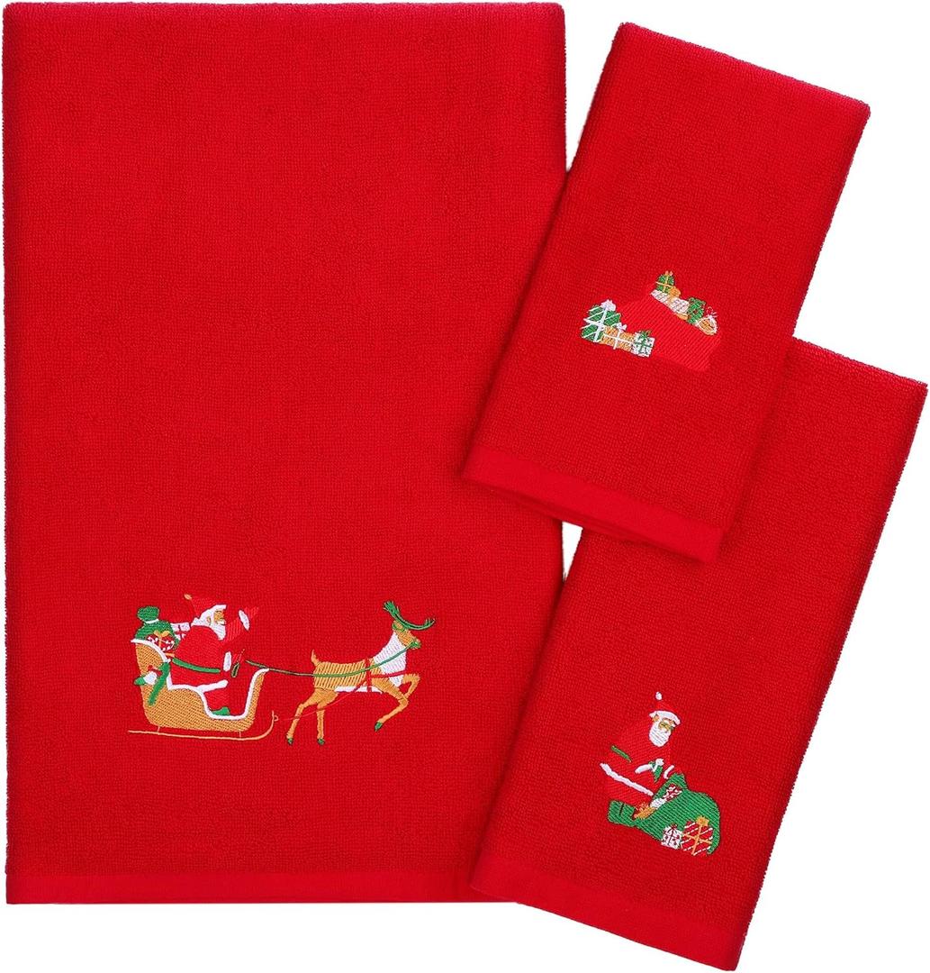 3 Pack Christmas Towels Set 100% Cotton Large Size Christmas Theme Towels Embroidery Christmas Bath Towels Hand Towels Facial Towels for Home Bathroom Kitchen (Red, 3 Sizes)