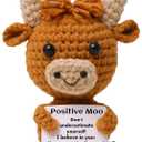 Mini Funny Positive Highland Cow, Knitted Wool Cow Toy with Positive Card - Creative Cute Crochet Doll Emotional Support Cheer Up Keepsake Gift for Friends, Women, Student, Christmas (Cow)