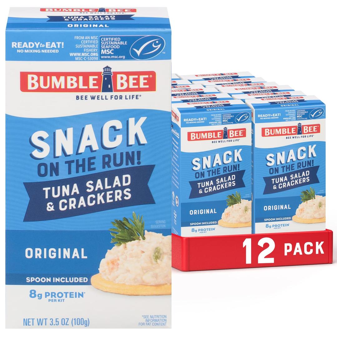 Bumble Bee Snack On The Run Original Tuna Salad with Crackers Kit (Pack of 12) - Ready to Eat Protein Snack Pack - 8g Protein per Box - Wild Caught MSC Certified Tuna (3.5 Ounce (Pack of 12)), Best By: 10/25