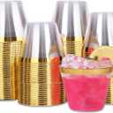 Tobvory 100 Pack Gold Rimmed Plastic Cups - 9 oz Hard Clear Plastic Cups, Premium Disposable Cup For Cocktail And Drinking - Food Grade Party Cups Set - Sturdy Tumbler Cup - Gold Rim