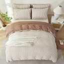 Comforter Set Queen Size Striped Soft Luxury Washed Microfiber Jacquard 3 Pieces Bedding, White Dark Brown Vertical Ticking Stripes Comforter with 2 Pillowcases Breathable Durable Comfy