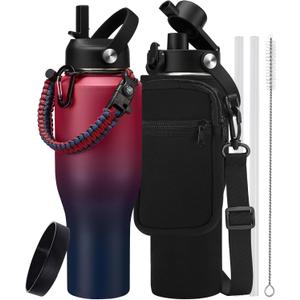 Insulated Water Bottle 40 oz - Fits in any Car Cup Holder, Keep Cold 48H Hot 24H, Stainless Steel Waterbottle Double Wall Flask with Straw, Pop-up Spout Lid, Paracord Handle, Carrier Bag (Gradient Claret)