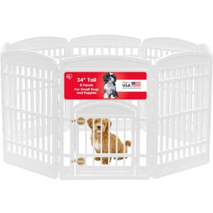 IRIS USA Dog Playpen with Door, 34 8 Panel Pet Exercise Pen Indoor Outdoor Puppy Play Pen, Portable Plastic Pet Fence for Small Medium Dogs, Foldable 63 x 63 x 34, White