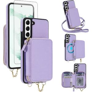 Asuwish Phone Case for Samsung Galaxy S22 5G Wallet Zipper Handbag Cover and Screen Protector Crossbody Lanyard Strap 2-in-1 Magnetic Detachable Compatible with MagSafe RFID Blocking Flip S 22 Purple