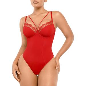 SHAPELLX Women's Shapewear Lace Bodysuit Tummy Control Body Suits Waist Sculpting V Neck Thong Corset Tops (Medium, A2-red)