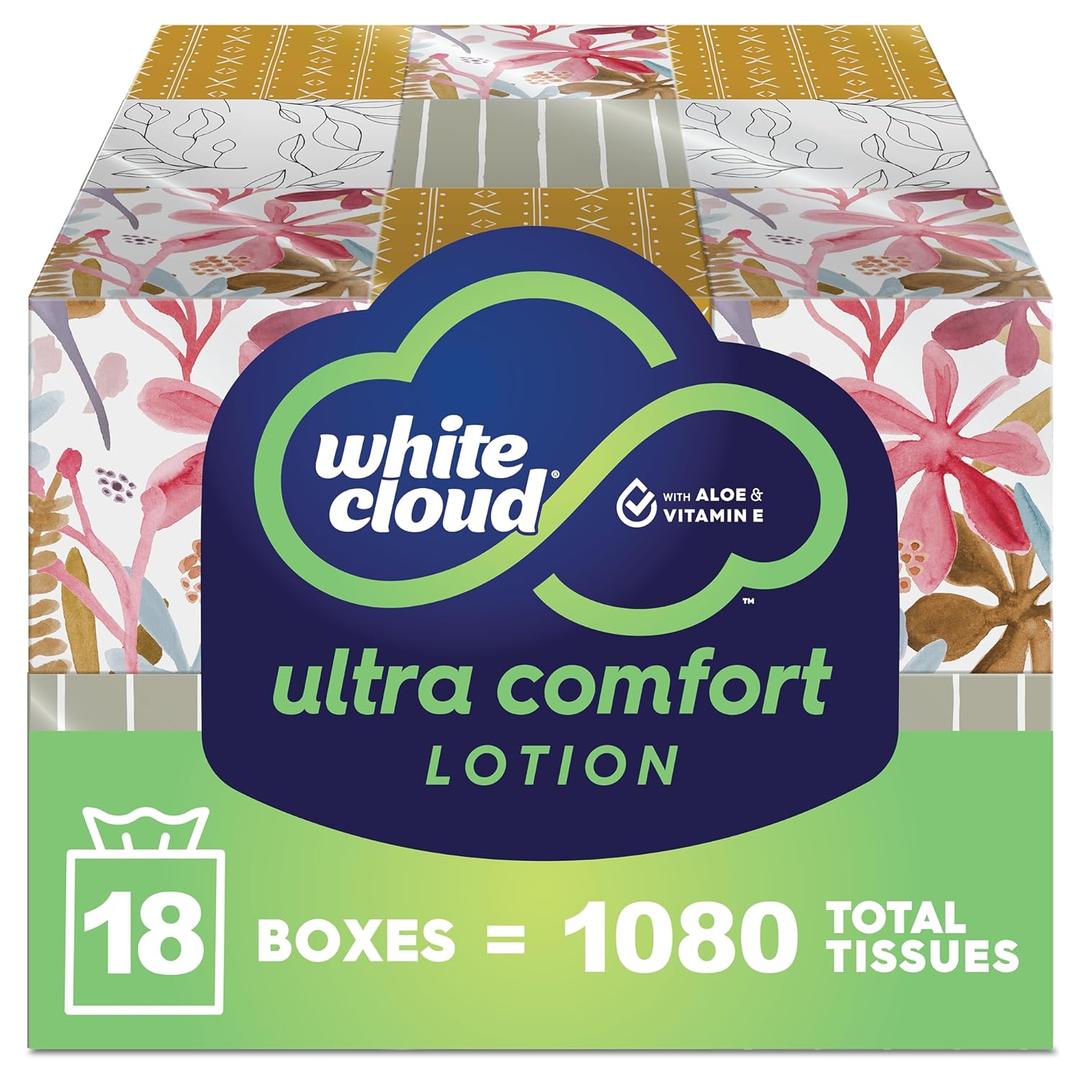 White Cloud Ultra Comfort Lotion 3-Ply Facial Tissue with Aloe & Vitamin E, 18 Box Multipack, 60 Tissues Per Box (1,080 Counts)
