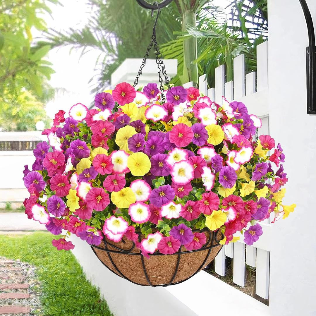 Elyum Artificial Hanging Flowers for Outdoors, Fake Flowers Artificial Petunias Hanging Baskets for Outdoors, UV Resistant Fake Hanging Plants Flowers for Outside Garden Patio Porch Decor