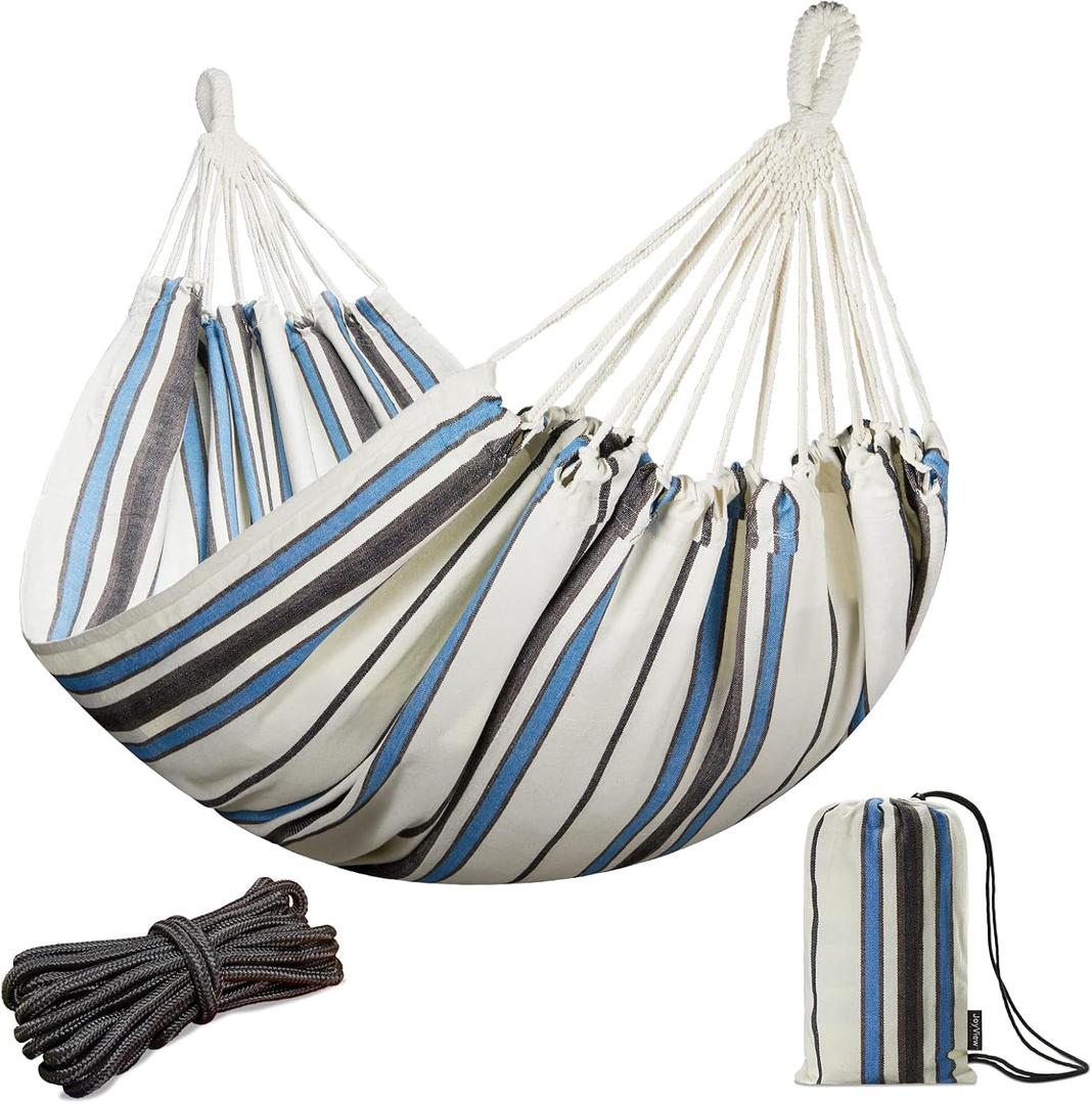 JoyView Brazilian Double Hammock with Hanging Ropes Extra Large 86.6x59 Portable Cotton Hammock for Patio Backyard Porch 450LBS Weight Capacity Perfect for Outdoor/Indoor - Blue & White Stripes