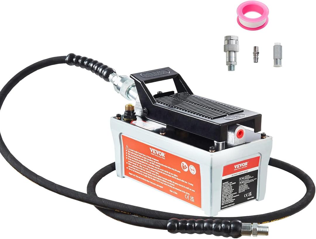 VEVOR Air Hydraulic Pump, 10,000 PSI 1/2 Gal Reservoir, NPT 3/8" Oil Outlet, NPT 1/4" Inlet, 6.6 ft Pipe, Foot Actuated Hydraulic Pump Air Treadle for Auto Body Frame Machines and Pulling Post, Grey