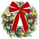 Pinkpum Lighted Christmas Wreath for Front Door Decor 16.5" Green Winter Wreath with LED String Lights for Home Wall Window Porch Farmhouse Indoor Outdoor Decorations Berries Pine Cones Bow 1 Pack