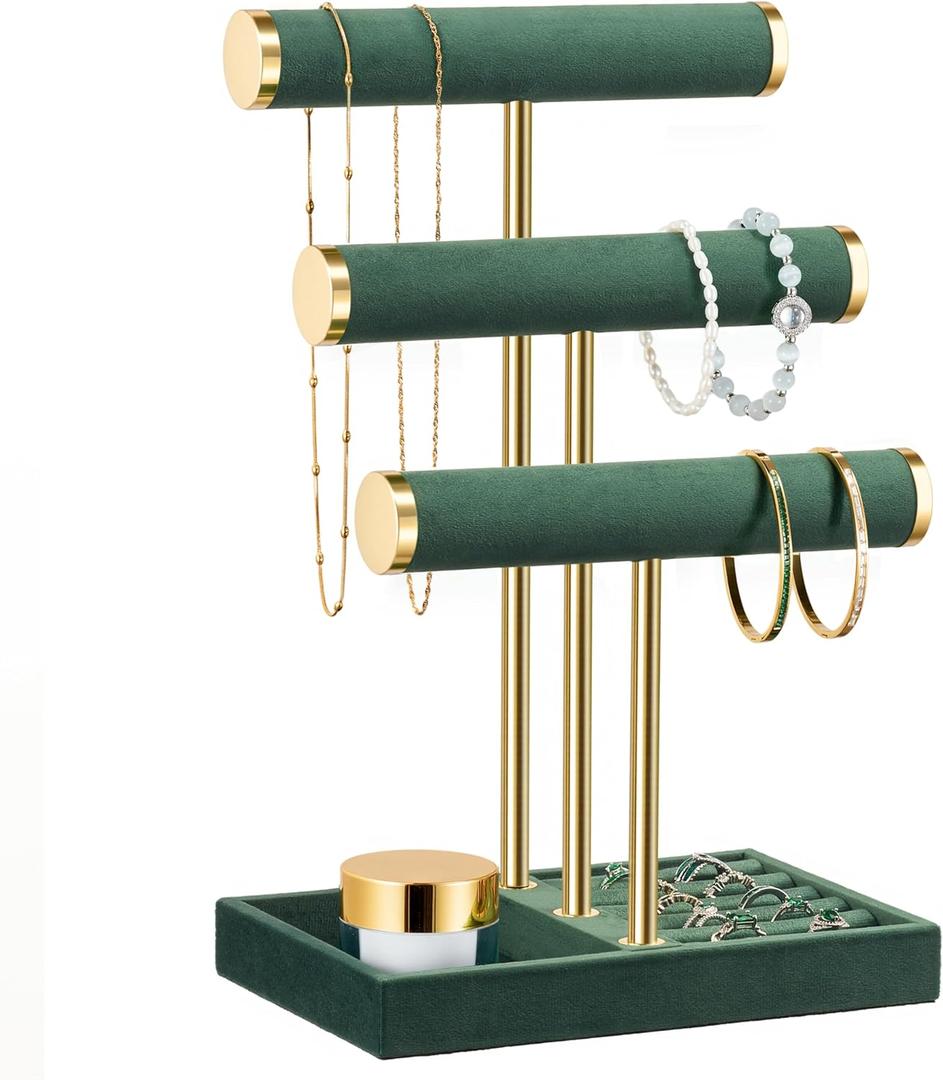 3 Tier Bracelet Holder Display - Detachable T Bar Dark Green Velvet Bracelet Holder, Jewelry Holder Organizer for Bracelet, Necklace, Watches, Rings