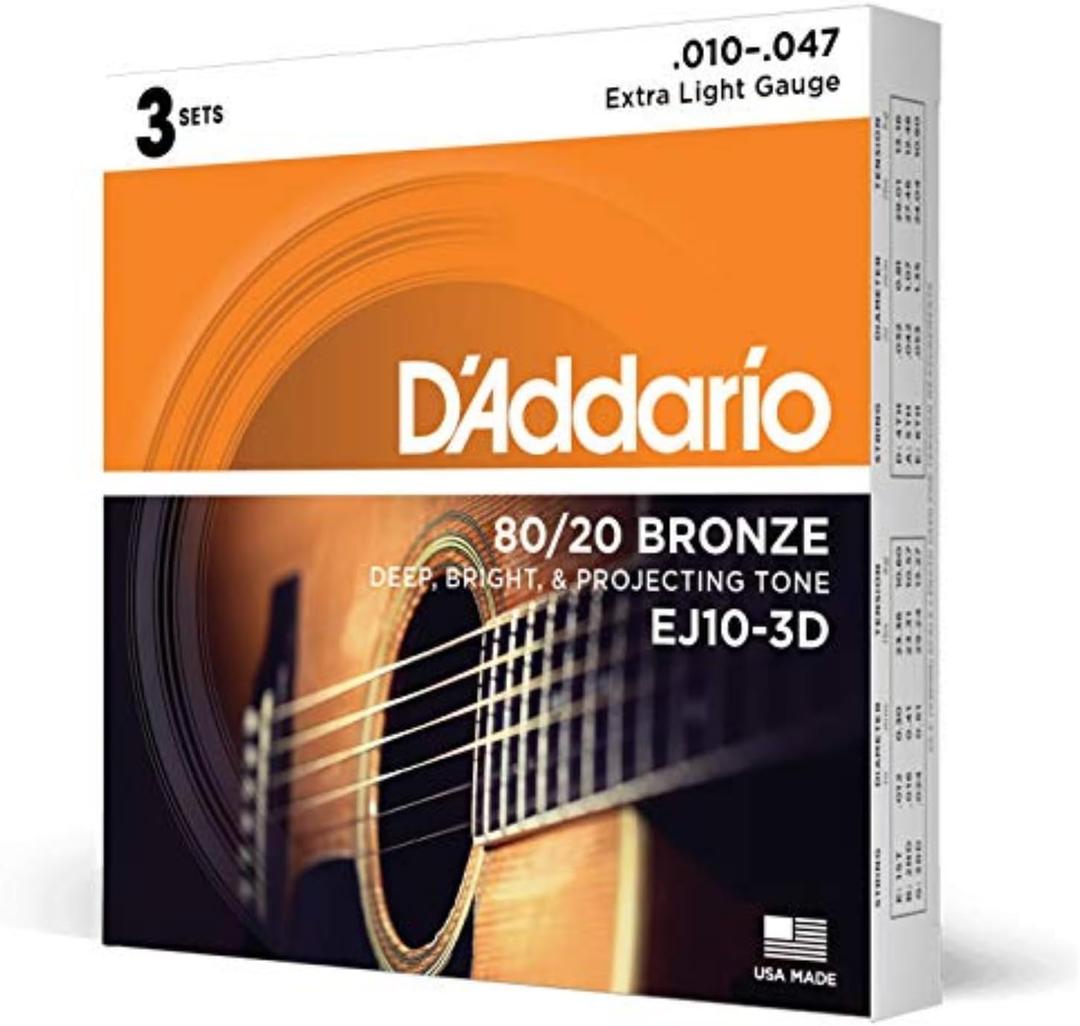 D'Addario Acoustic Guitar Strings, 80/20 Bronze, EJ10-3D, Extra Light Gauge 10-47, 6-String Set, Pack of 3