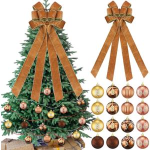 17 Pcs Brown Christmas Tree Decorations Set Large Velvet Wreath Bow 16 Christmas Ball Ornaments Holiday Tree Topper Bows Stripe Dot Hanging Ball for Party Staircase Fireplace
