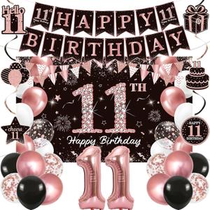 Vlipoeasn Rose Gold 11th Birthday Decorations for Girls, 27PCS Happy 11th Birthday Party Kit with Backdrop Banner, Number 11 Balloon, 11 Year Old Party Supplies