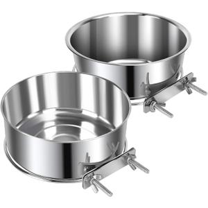 2 Pcs Medium Pet Dog Food Water Bowl for Cage Stainless Steel Non-Spill Kennel Detectable Hanging Cats Pets Bowls with Clamp Holder Crate Feeder Dish for Medium Dogs (5.5x2.3'' & 6.3x2.6'') (Silver)