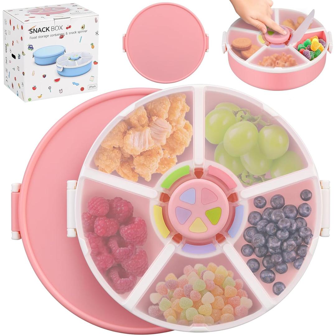 Aimsnk Kids Original Snack Spinner Bundle - Reusable Snack Container with 5 Compartment Dispenser and Lid | BPA and PVC Free | Dishwasher Safe | No Spill, Leakproof,for Toddlers,School (Pink-2Pack)