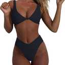 geluboao Bikini Set for Women Solid V Neck Knot Front Push Up High Leg Thong Two Piece Swimsuit (X-Small, Black)
