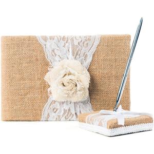 Rustic Wedding Guest Book Made of Burlap and Lace - Includes Burlap Pen Holder and Silver Pen - 120 Lined Pages for Guest Thoughts - Comes in Gift Box (White Rose)