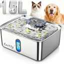 Kastty 3.96 Gal Dog Water Fountain for Large Dogs,15L Stainless Steel Large Pet Water Fountain, Ultra Quiet Automatic Dog Water Bowl Dispenser with Water Level Window and LED Light(FS78,Grey