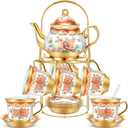 20 Pieces Vintage Flower Porcelain Tea Set for Adults with Metal Holder European Ceramic Tea Party Set Cup Gold Plated Saucer for Women, Serving 6 People(Classic)