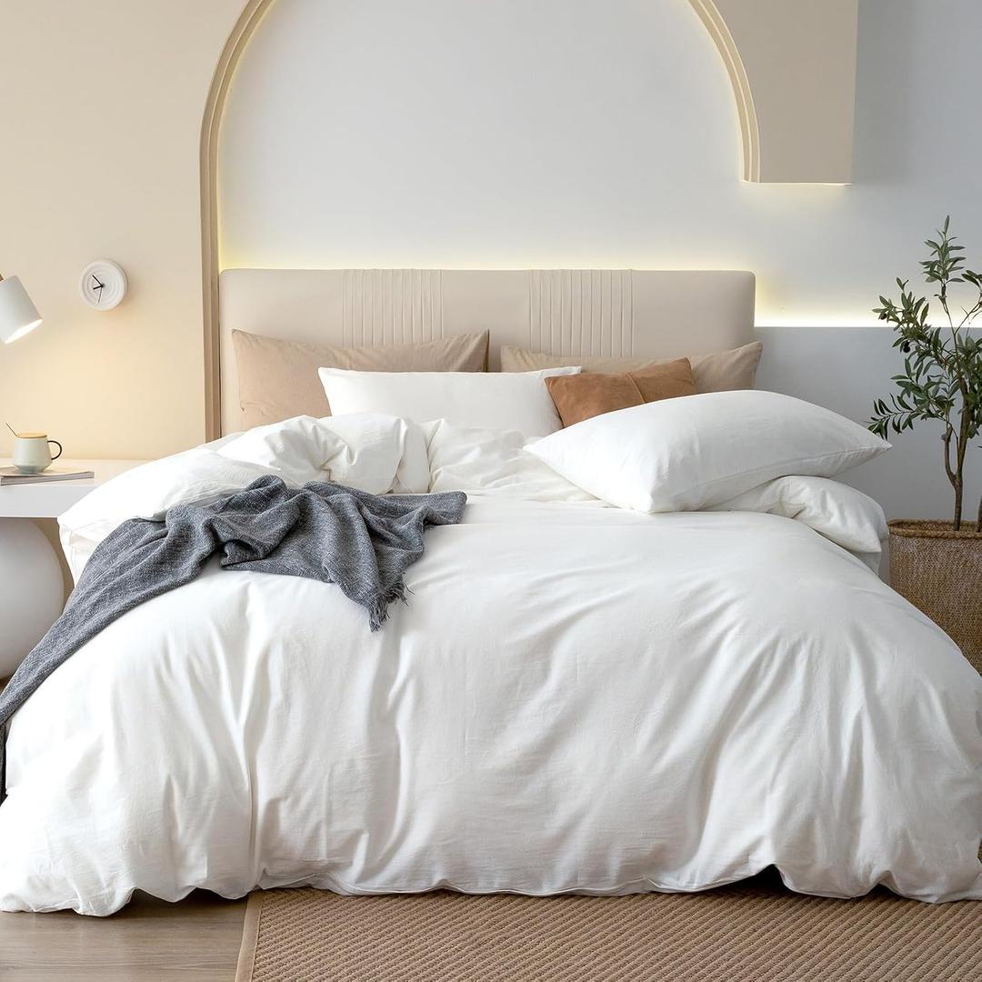 JIYUAN Queen Size Duvet Cover Set, 3-Piece - 100% Washed Cotton, Linen-Like Soft & Breathable with Zipper Closure, Includes 90x90 Inch Cover & 2 Pillowcases, Solid Bright White