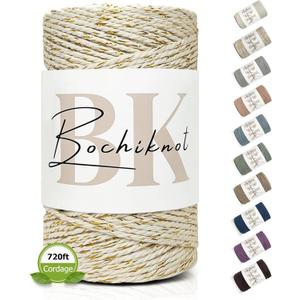 BOCHIKNOT 3-Ply Macrame Cord 4mm x 240yds (220m)  Soft Cotton Macrame Rope for Beginners, Easy to Knot for Wall Hangings, Plant Hangers, Boho Decor and DIY Crafts (Natural Gold)