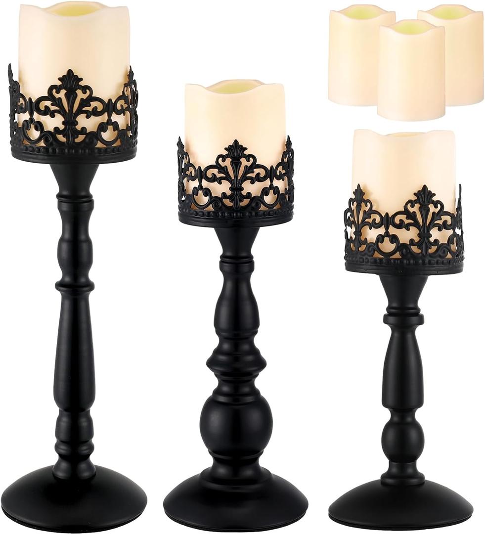 Blosssound 3 Sets Halloween Black Vintage Candle Holder with LED Tea Lights Matte Gothic Tall Holders for Pillar Candles for Halloween Dining Fireplace Home Table Centerpiece
