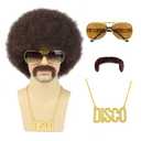 70s Afro Wig for Men 5Pcs Set (Wig+ Glasses+ Necklace+ Mustache+ Wig Cap) Brown Natural Fluffy 70s 80s Afro Disco Wig Curly Synthetic Hair Wig for Halloween Chrismas Cosplay Party (Brown-6)