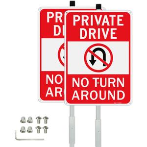 T&R Large Private Drive Sign, No Turn Around Sign with 54" Stake for Outside - 2 Pack - 14"x10" .040 Rust Free Aluminum, Reflective, Waterproof, Weatherproof and Fade Resistant, 6 pre-drilled holes, Includes Matching Screws & Wrench, Easy to Mount
