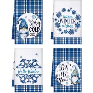 Patelai 4 Pack Winter Kitchen Towels Blue White Snowflake Gnome Dish Towels Buffalo Plaid Bathroom Hand Towel Farmhouse Christmas Tea Towel Winter Decorations for Home Indoor Kitchen Holiday Xmas Gift