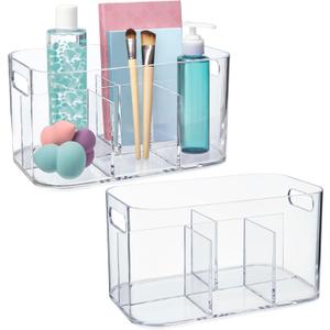 STORi Bliss 5-Compartment Plastic Cosmetics Storage Organizer, Set of 2 | Clear | Rectangular Divided Makeup Bin & Vanity Caddy with Pass-Through Handles | Round Corner Design | Made in USA