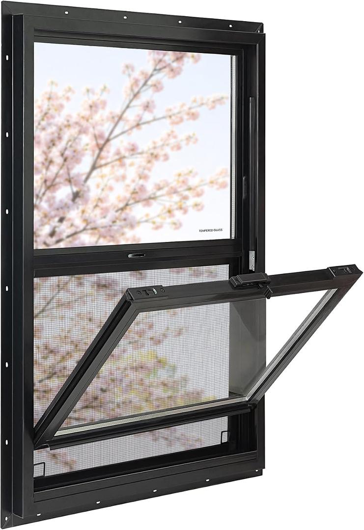 Vinyl Single Hung Sliding Window, 24" x 36" Black | Household Window with Double-Pane Insulated Tempered Glass, White Energy-Efficient Soundproof Window for House, Mobile Home