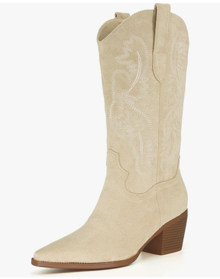 iiimmu Cowgirl Boots Women Knee High Boots Pointed Toe and Block Heel Cowboy Suede and Faux Leather Boots with Embroidered 8.5