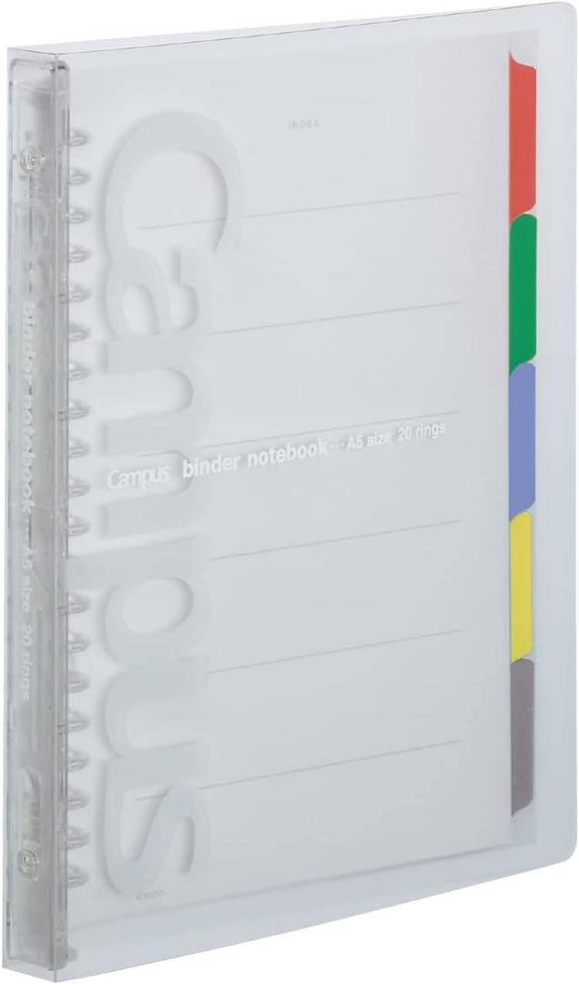Kokuyo Campus Slide Binder with 5 Tab Dividers, Slim Type, A5, 20 Holes, Up to 65 Sheets, Transparent, Japan Import (RU-P133NT)