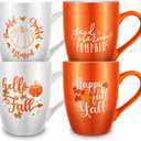 Funtery 4 Pcs Thanksgiving Coffee Mugs Fall Mugs Autumn Pumpkins Cups Happy Fall Y'all Coffee Mug Good Morning Pumpkin Cup Camp Mug Campfire Mug Ceramic Cup for Home Women Men Mom Dad (Orange,White)