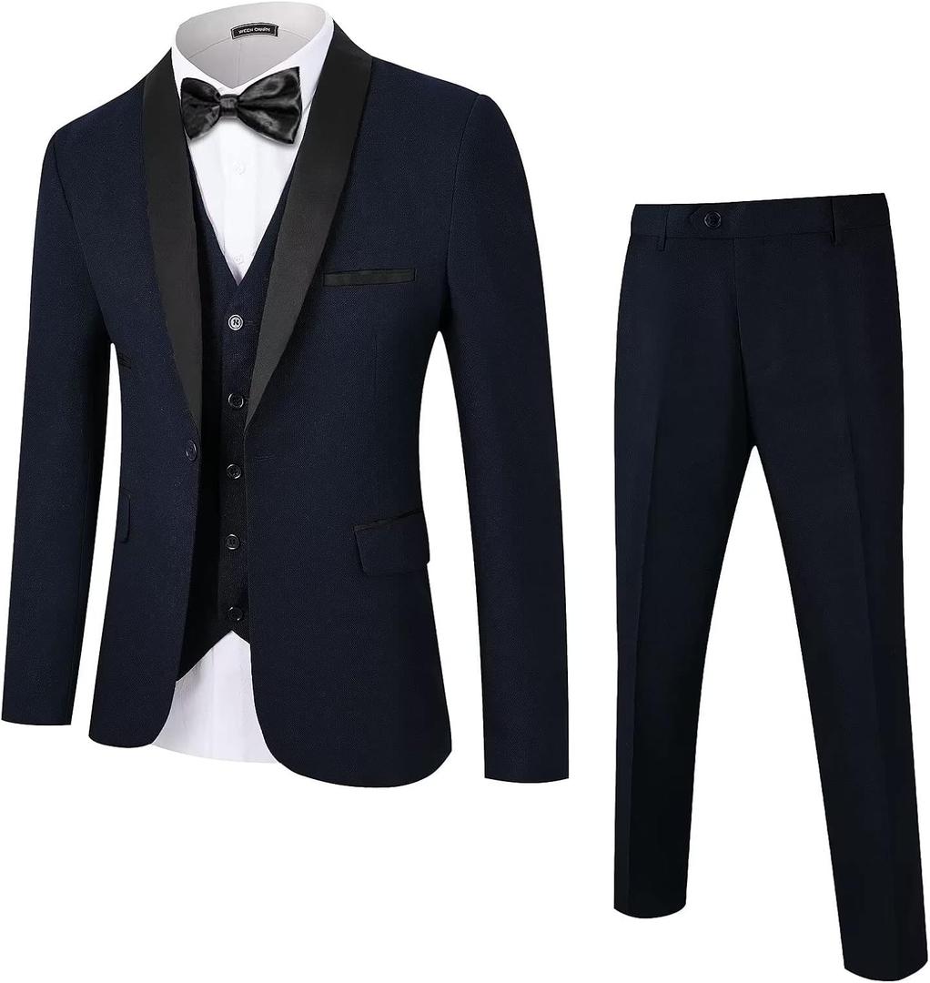WEEN CHARM Men's Slim Fit 3 Piece Tuxedo Suit One Button Shawl Lapel Blazer Jacket Vest Pants Set (Navy Blue, 2XL)