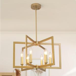 22" Gold Chandeliers for Dining Room, 6-Light Modern Pendant Light Fixtures Over Table, Geometric Metal Farmhouse Chandelier Lighting for Living Room, Entryway, Kitchen, Stairway