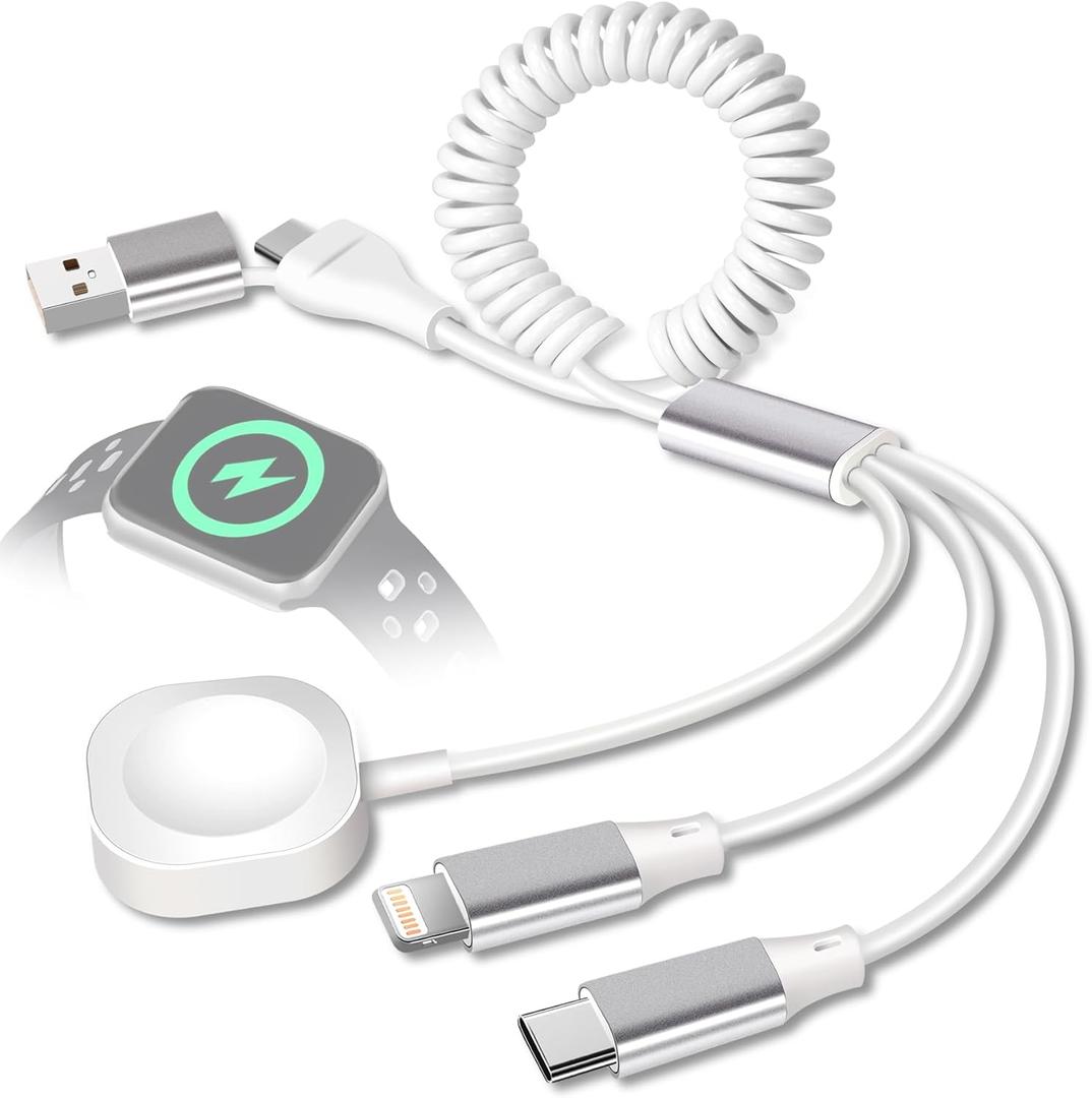 CUGUNU Coiled USB/Type-C to iWatch/iPhone Lightning/Type-C Multi Charger Cable, 3-in-2 Retractable Multiple Car Fast Charging Cord Compatible with iPhone/Apple Watch/iPad/Android Phone