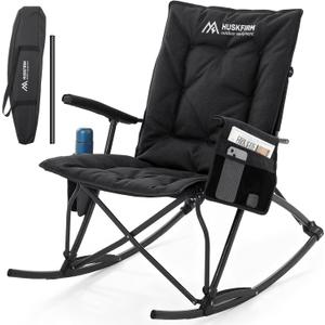 Huskfirm Oversized Rocking Camping Chair Folding Rocking Chair with High Back Padded Outdoor Rocking Chair Heavy Duty Portable Rocker Chair for Camping, Lawn and Patio, Supports Up to 400 lbs, Black