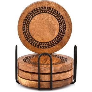 Nirman Coaster Set Iron & Acacia Wood Set of 4 with Iron Holder Stand Drink Protection Dcor from Water Marks or Damage (4" x 4" X 0.5")
