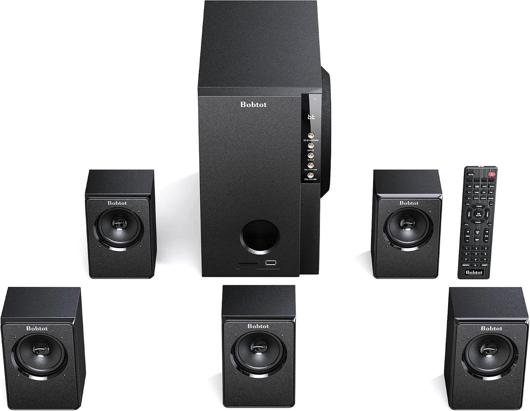 Bobtot Home Theater Systems with 5.25 inch Subwoofer, 5.1 Wired Satellite Surround Sound Speakers, 600 Watts Peak Power Deep Bass Audio Stereo System with FM Radio Bluetooth AUX DVD USB SD Input