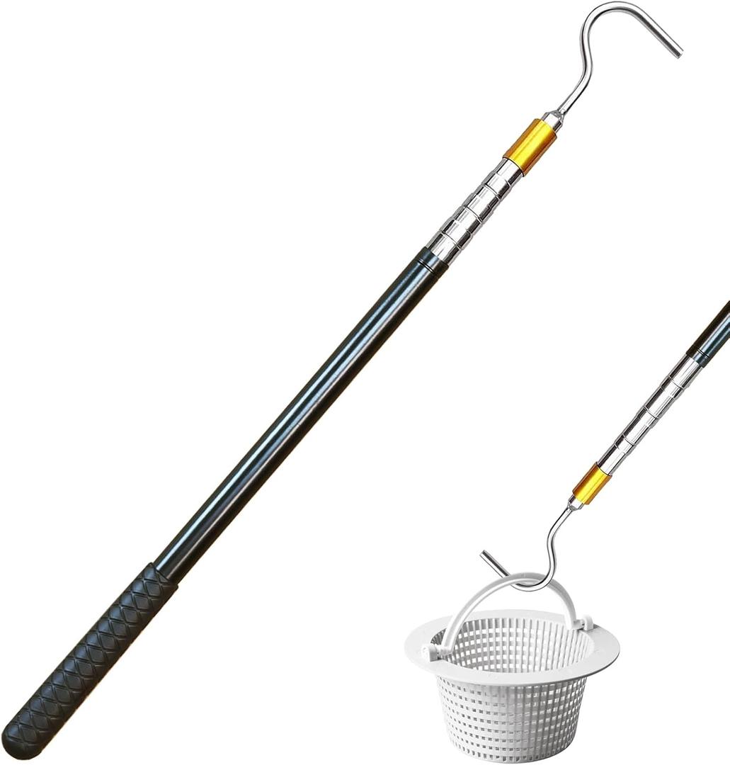 Extendable Pool Skimmer Basket Hook Pole Up to 63 Inch - Stainless Steel Skimmer Lid Lifting Hook with Non-Slip Grip - Easy Installation & Adjustable Length - Ideal for Pool Cleaning Debris Removal