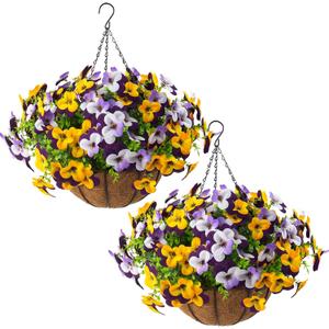 2 Set Artificial Outdoor Pansy Flowers with Hanging Baskets, 2 Hanging Baskets with 24 Pcs Silk Flowers for Spring Easter Decorations Porch Patio Home Decor (2, Purple, Yellow, White, Light Purple)