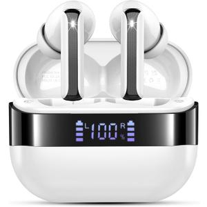 Wireless Earbuds, 2025 Bluetooth 5.4 Headphones Bass Stereo, Ear Buds with 4 Mics ENC Noise Cancelling, Bluetooth Earbuds 48H Playtime LED Display Charging Case, IP7 Waterproof in Ear Earphones white