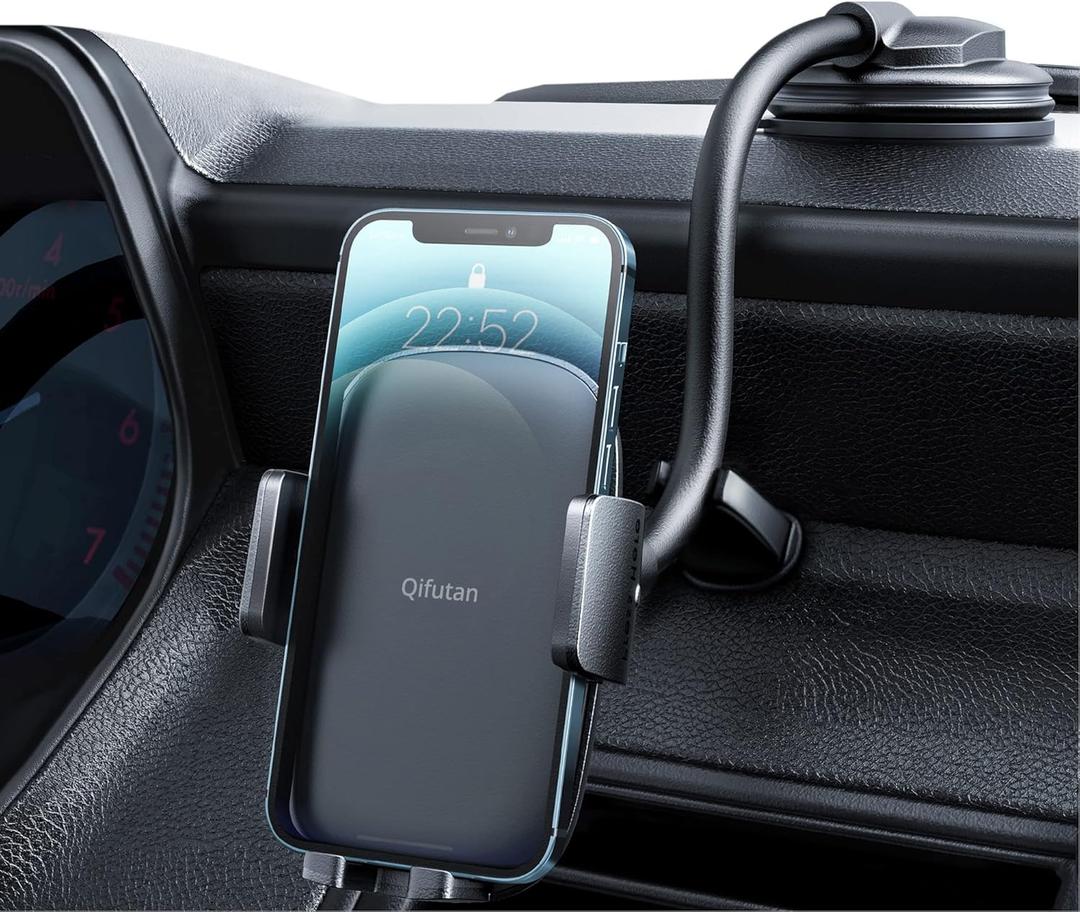 Qifutan Cell Phone Holder Long Arm Dashboard Windshield Car Phone Holder Anti-Shake Stabilizer Phone Car Holder Compatible with Phone Smartphone Grey